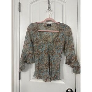 Y2K Anxiety Womens Paisley V-Neck Bell Sleeve Blouse Blue Brown Boho Top Small
